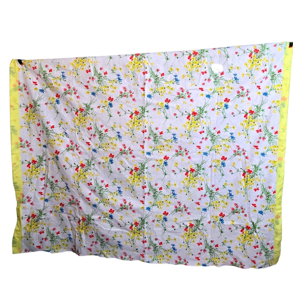 Vintage Floral Wildflower Blanket Yellow Satin Trim White 88x71 Retro Twin/Full